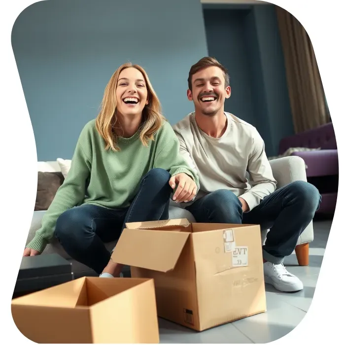 Two guys sitting on the floor of their apartment with Muval moving boxes